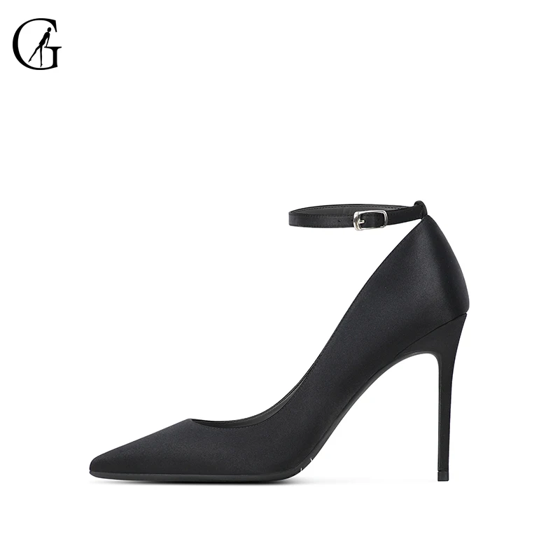 GOXEOU Women's Pumps Satin Ankle Strap Black Pointed Toe High Heels Party Sexy Nightclub Fashion Office Lady Shoes Size 32-46
