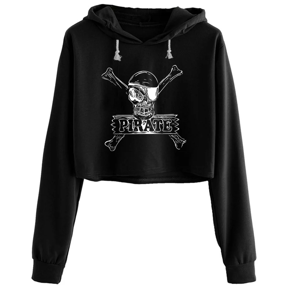 

Pirate Skull And Bone Crop Hoodies Women Kawaii Goth Grunge Harajuku Pullover For Girls
