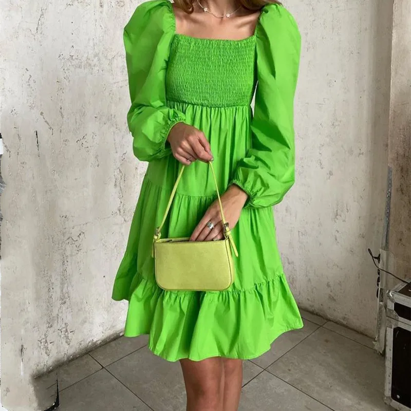 

ZA women's new layered elastic bubble sleeve bright color square collar long sleeve dress skirt
