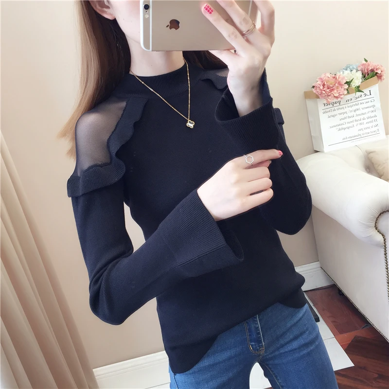 Женский свитер с открытыми плечами кружевной пуловер высоким воротником и