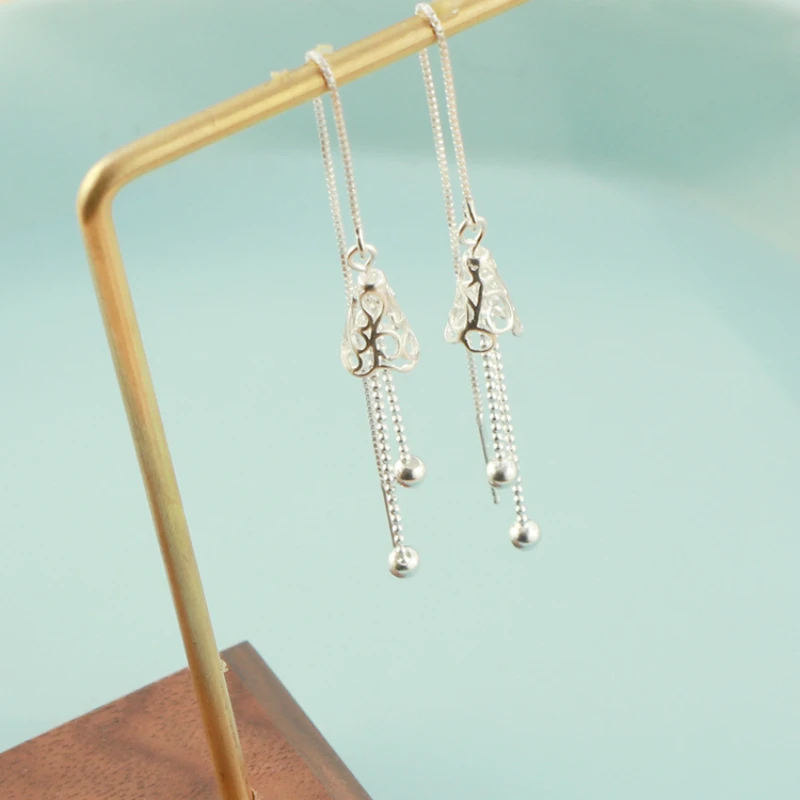 Красивые стильные серебряные круглые длинные серьги с бусинами резные полые