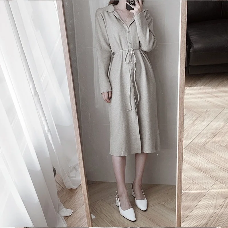 

Autumn Vintage Long Knitted Dress Women Elegant Mid-Calf Black Dresses Single Breasted Turn-down Collar Casual Solid Vestidos