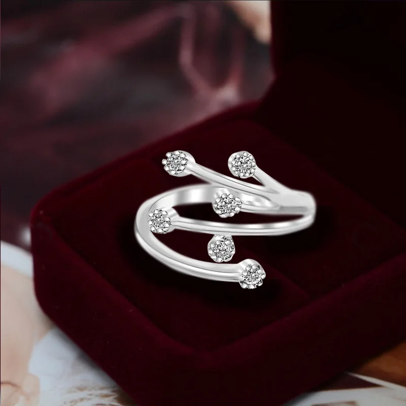 

New 2021 Fashion Luxury 925 Standard Silver Ring Set with Six Zircon Jewelry Opening Adjustable Ring Wedding Party Jewelry