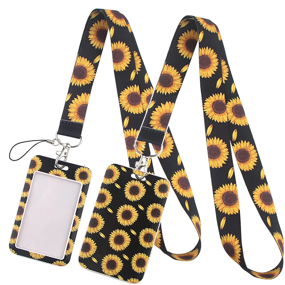 LT370 Black Sunflower Print Keychain Ribbon Lanyards for Keys ID Card Phone Straps Hanging Rope Lariat Students Badge Holder | Украшения и