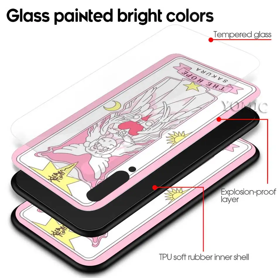 

Sakura Card Captor Sailor Moon Tempered Glass Case for Xiaomi Mi A3 CC9 CC9E Redmi A8 K20 Note 6 7 8 Pro Black Soft Edge Phone C