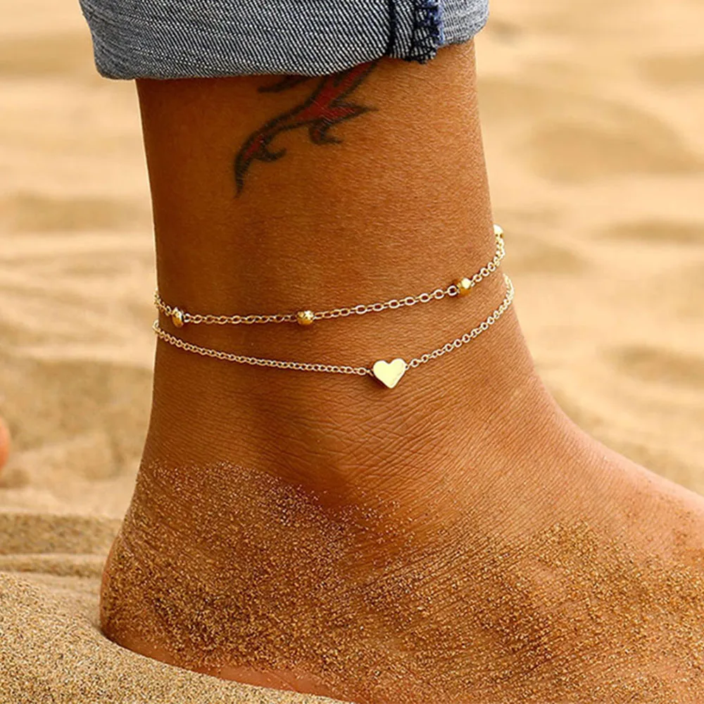 

FNIO New Fashion Simple Heart Female Anklets Foot Jewelry Leg New Anklets On Foot Ankle Bracelets For Women Leg Chain Gifts
