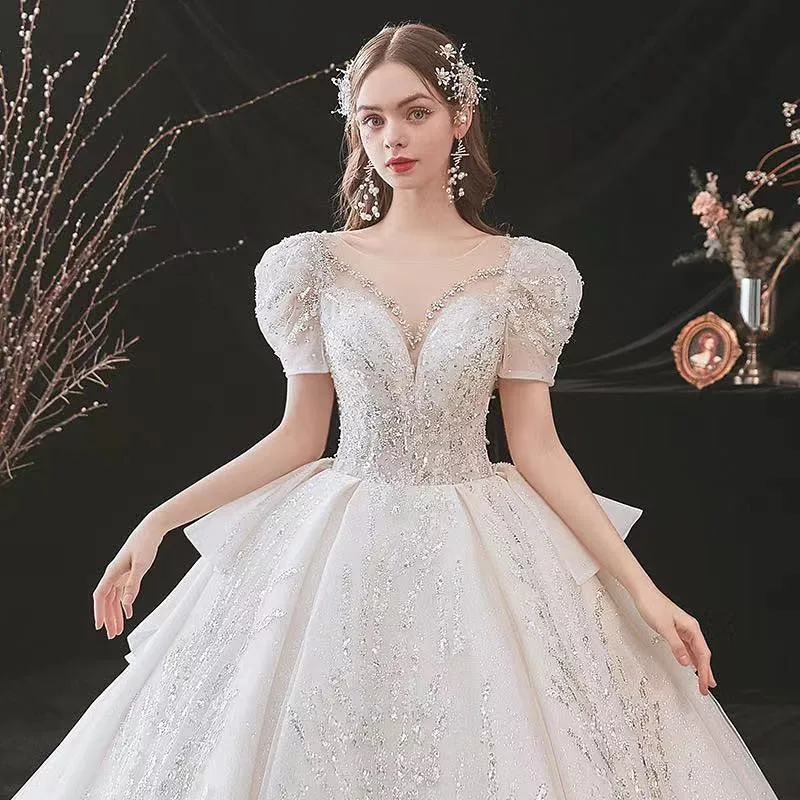 Luxury Wedding Dresses O-Neck Puff Sleeve Backless A-line Sequin Shining Lace Beaded Big Tail French Starry Sky Bridal Gowns New