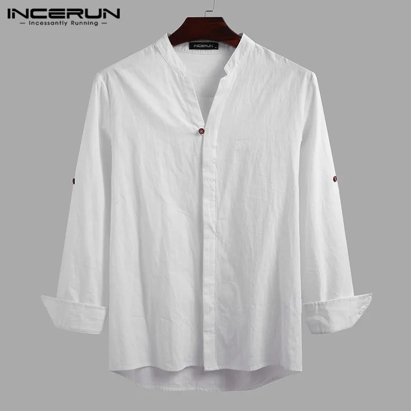 

INCERUN, модные хлопковые рубашки с длинным рукавом, мужские однотонные рубашки с v-образным вырезом, Camisa, повседневные блузы на пуговицах, Harajuku ...
