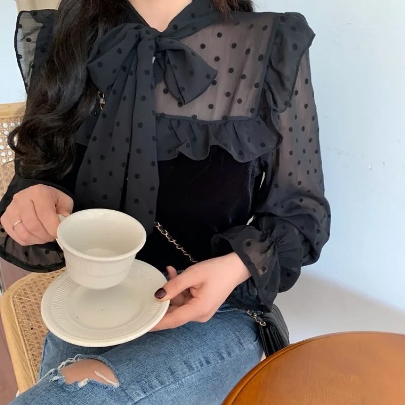 

Spring And Autumn Bow Stitching Long-Sleeved Shirt Women 2021 New Design Sense Student Spring Lace Polka-Dot Shirt Free Size