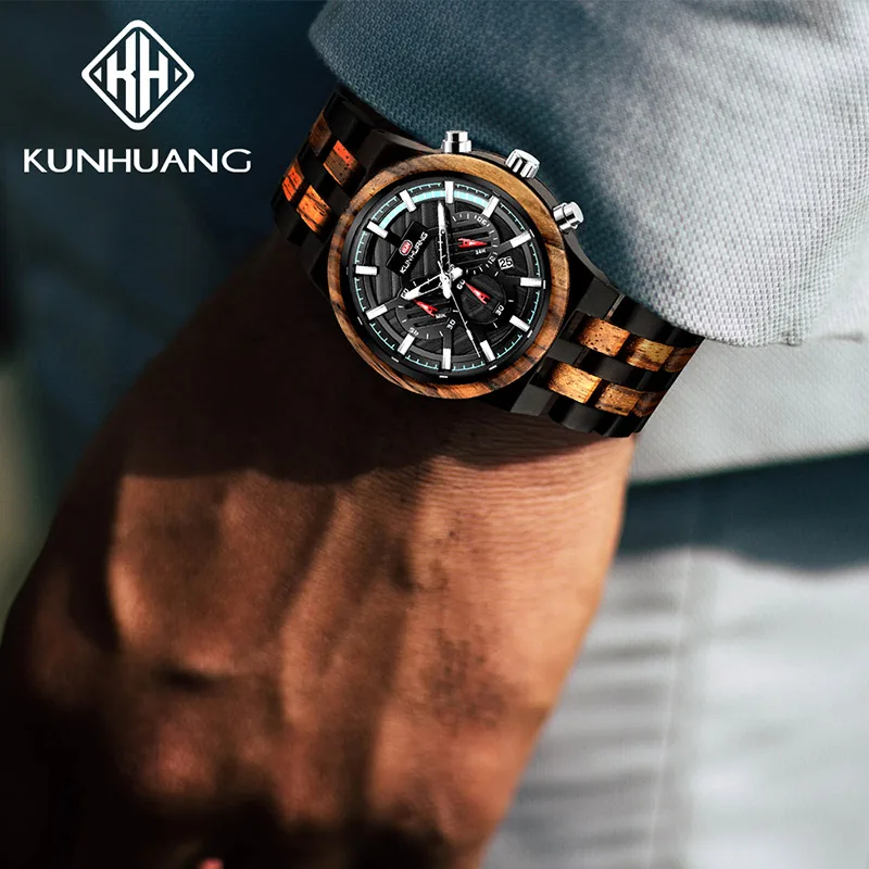 

KUNHUANG Fashion Relogio Masculino Sport Relojes Para Hombre Orologio Uomo Wood Watch Calendario Horloge Men Quartz Wristwatches