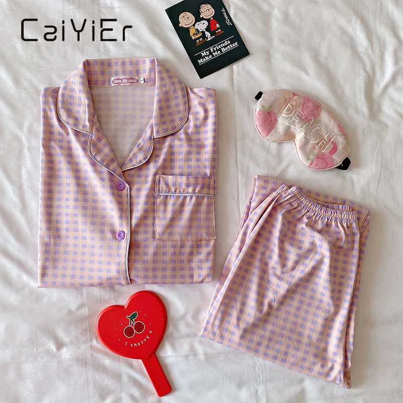 CAIYIER Winter Women Fashion Sleepwear Purple Grid Lapel Cardigan Girl Long Sleeve Leisure Pajamas Loose Nightwear Homewear Suit