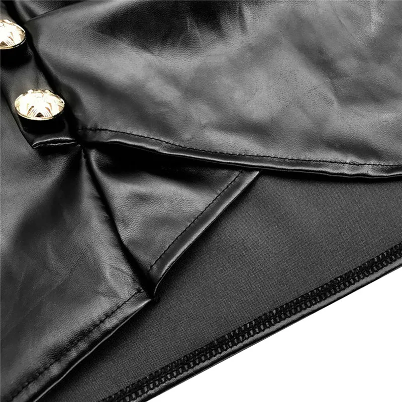 

Women Sexy PU Skirts Sexy Ruched Wrap Asymmetrical Hem Leather Skirt Black Buttons Decor Mini Bodyocn Skirt Skinny Slim Skirts