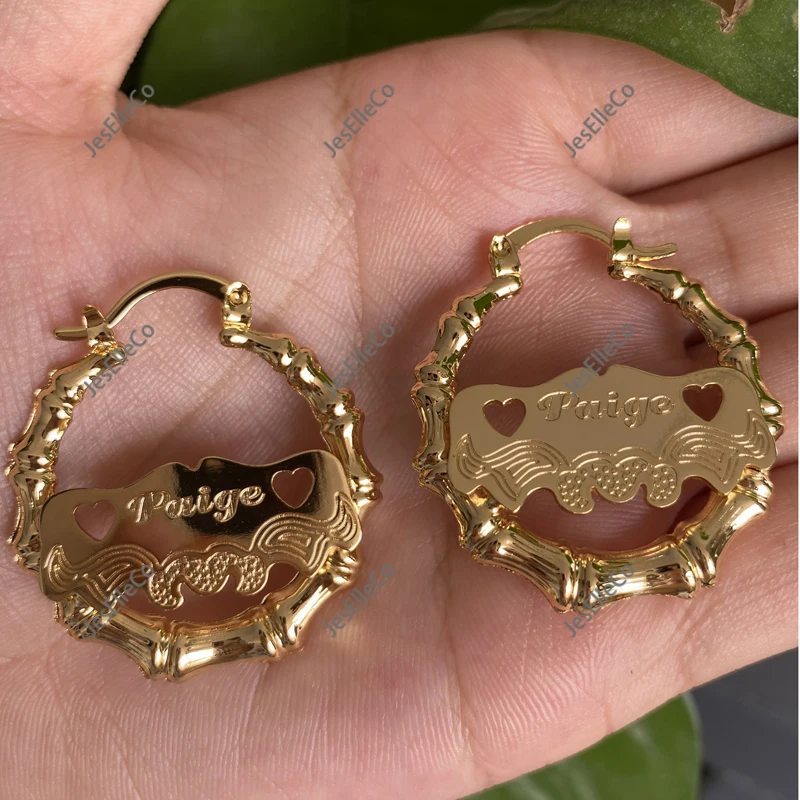 Серьги-кольца из бамбука с именем на заказ обручи под подарок день матери для