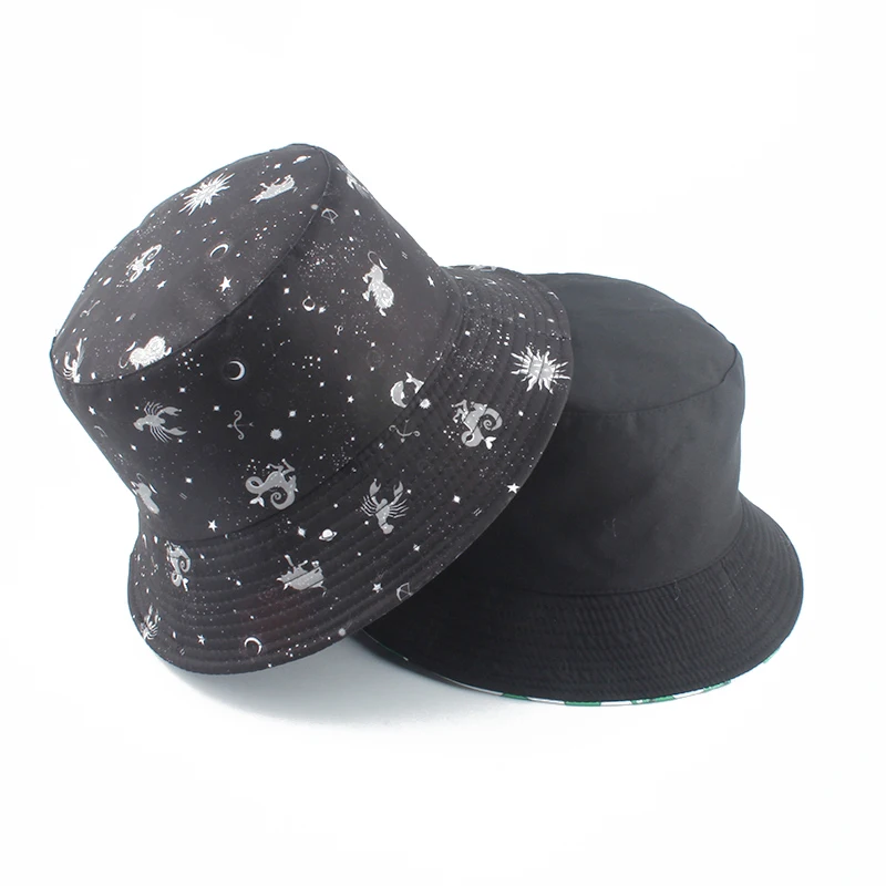 Constellation Galaxy Stars Print Reversible Bucket Hat Panama Hat Cap Summer Sun Hats for Women Men Cotton Double Side Wear New