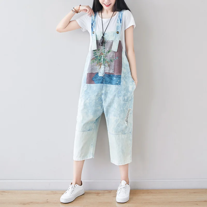 Johnature Retro Patchwork Print Pockets Calf-length Jumpsuits 2021 Summer New Loose Leisure All-match Women Jeans |