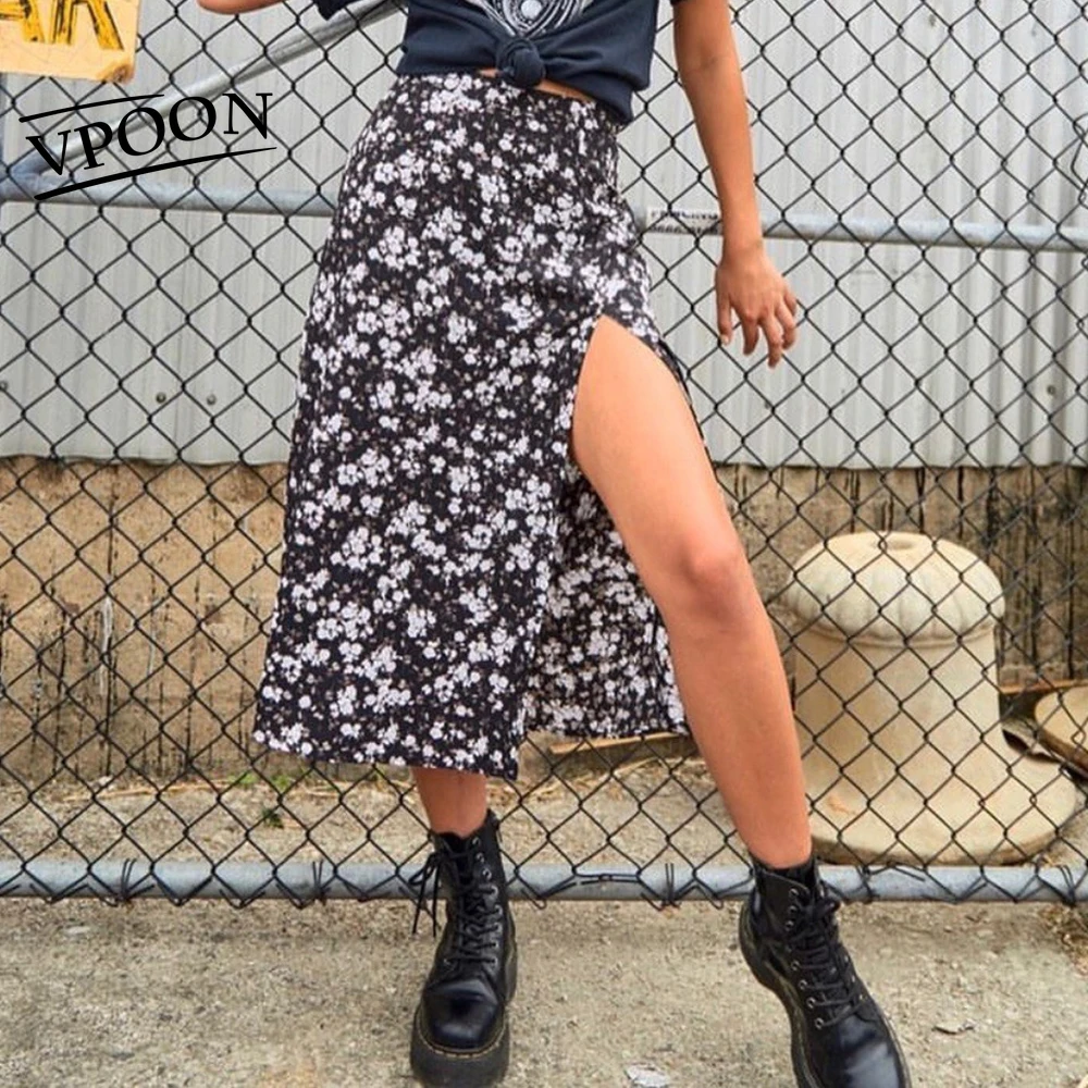 

2021Fashion Women Floral print Women's Leopard Print Skirts Women High Waist Elastic Split Midi Skirt