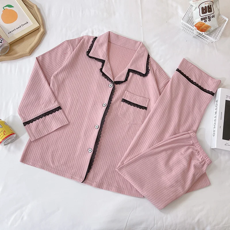 

Pink Lace Pajamas for Women Spring and Autumn Pure Cardigan Long-Sleeve Suit Cotton Sweet Korean Style Thin Homewear