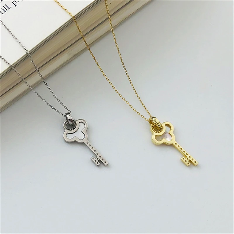 

Beautiful Key Zircon Necklace Real 925 Sterling Silver Gold Charm Shell Necklace Fashion Women Choker Necklace Wedding Jewelry