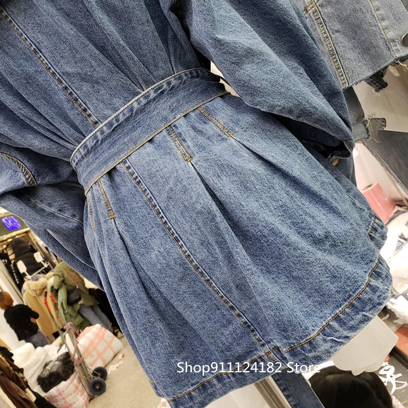 

New New Spring Loose Korean Shirt New Sweet Doll Collar Denim Shirt Mid-Length Belt Waist College Style Female Fast Delivery