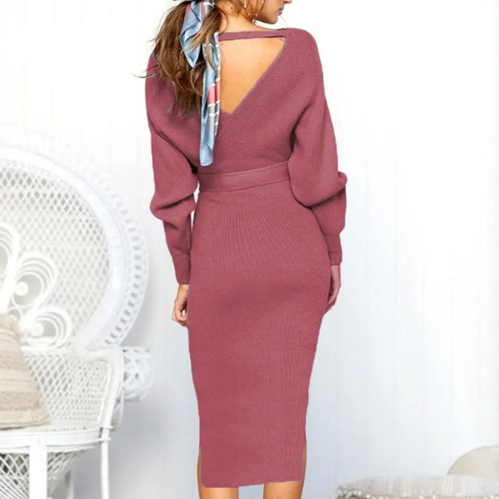 

Casual Long Sleeve Bodycon Knitted Sweater Women Autumn Winter Sexy V Neck Sweater Dress Sashes Bandage Knitted Dress Vestidos