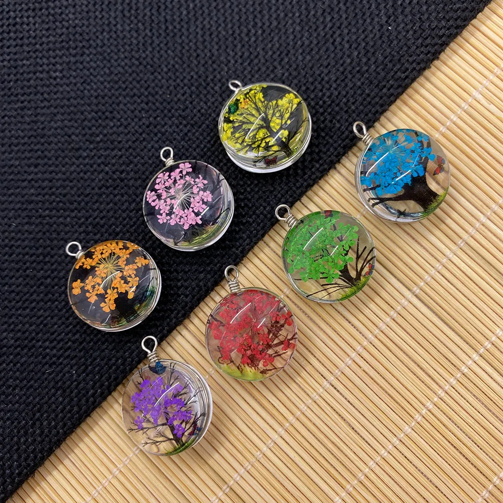 

Double-sided Glass Dried Flower Pendant Flat Round Handmade Epoxy Dried Flower Tree of Life Butterfly Necklace Bracelet 20mm
