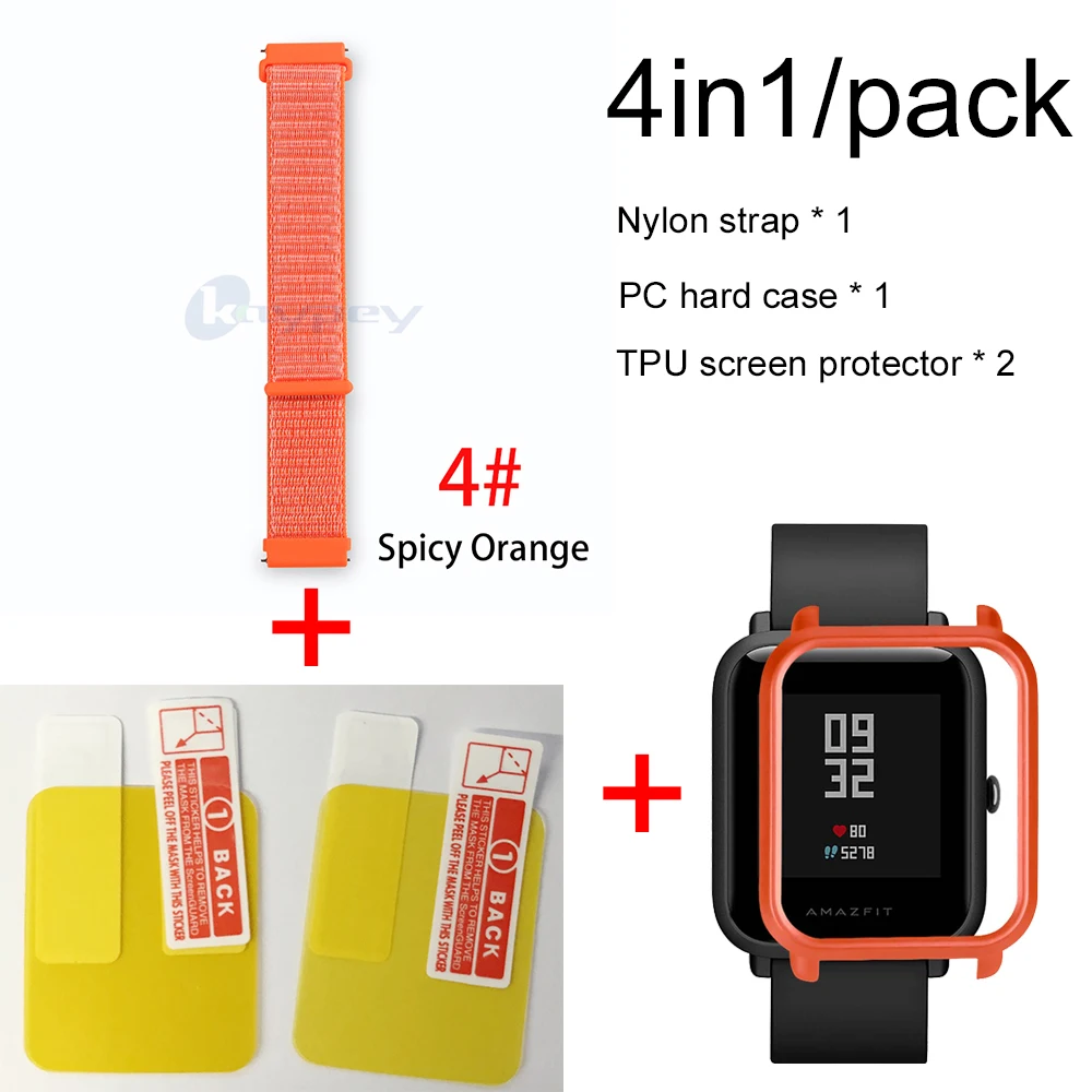 4-Orange case 4в1 для Xiaomi Huami Amazfit ремешок bip браслет нейлоновая петля Smartwatch Браслет amazfit bip чехол с защитой экрана - Цвет: 4-Orange case