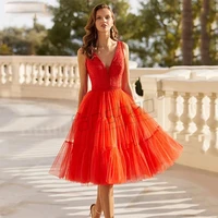 fanshao cocktail dress orange deep v neck tank sleeveless vestidos appliques lace tulle tea length robe de soiree