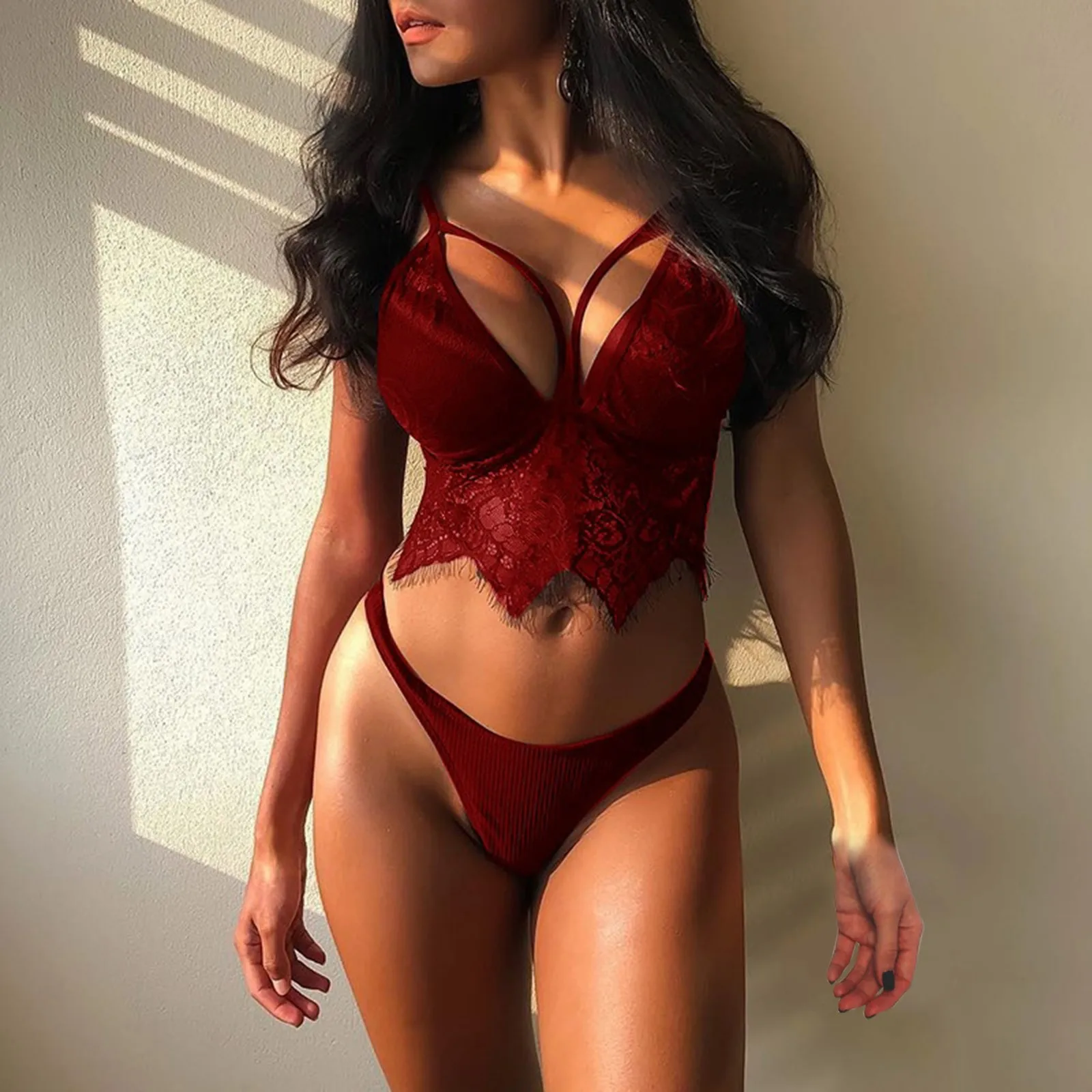 

Women Sexy Lace Lingerie Sleepwear Night Bra And Panty Set Backless Pajamas