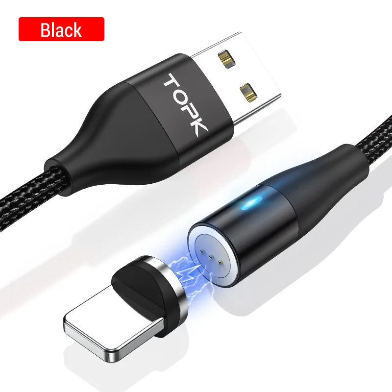 Black Магнитный usb-кабель TOPK 1 м 3 А, кабель для быстрой зарядки и передачи данных для iPhone Xs Max, Магнитный зарядный кабель Micro USB type-C для samsung S10 - Цвет: Black