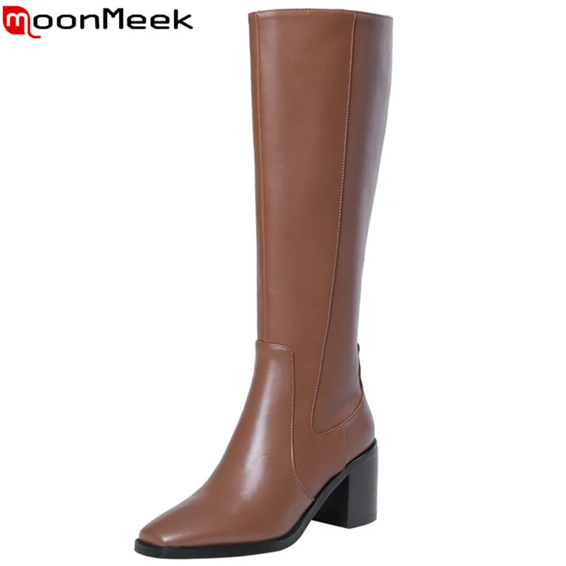 MoonMeek/модные ботинки из натуральной кожи женские сапоги до колена с квадратным