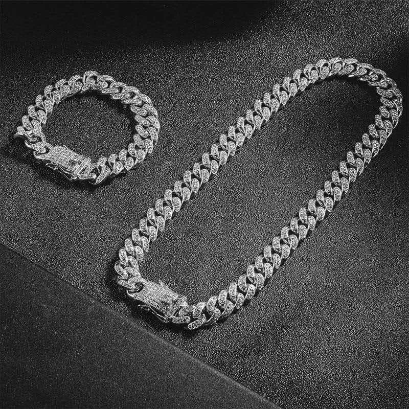 

Iced Out Paved Rhinestone Cubana Link Chain 2pcs 12MM Miami Curb Cuban Chain CZ Bling Rapper Necklace for Men HipHop Choker Man