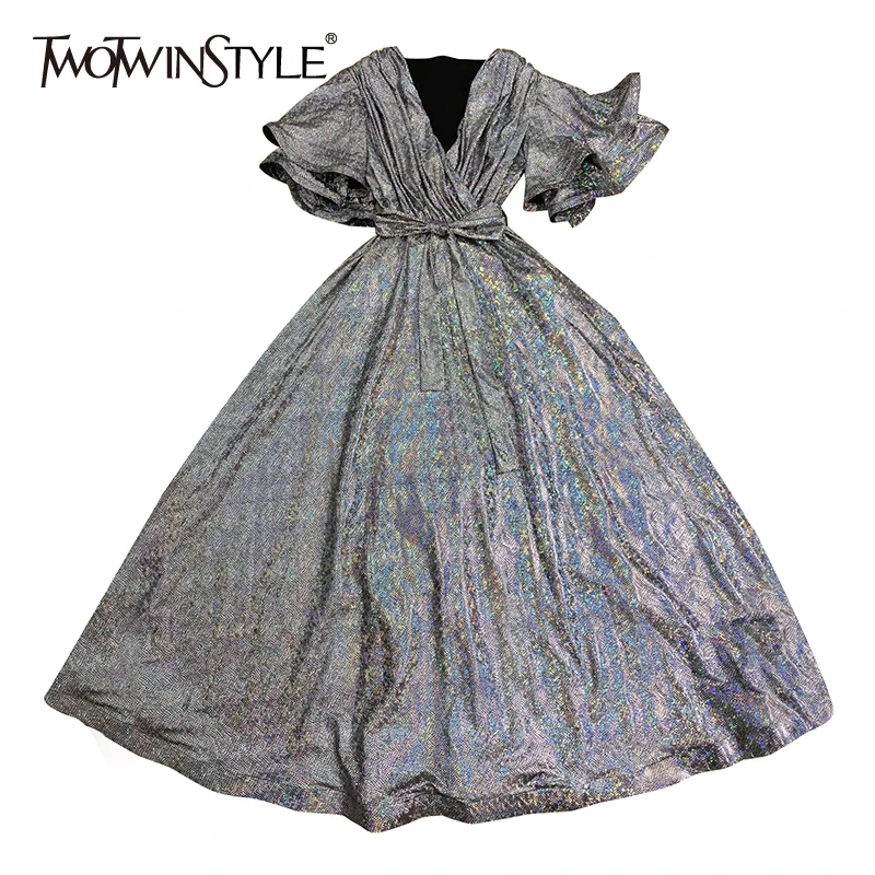 

Женское платье с оборками TWOTWINSTYLE, летнее плиссированное платье с v-образным вырезом и бантом на шнуровке в Корейском стиле