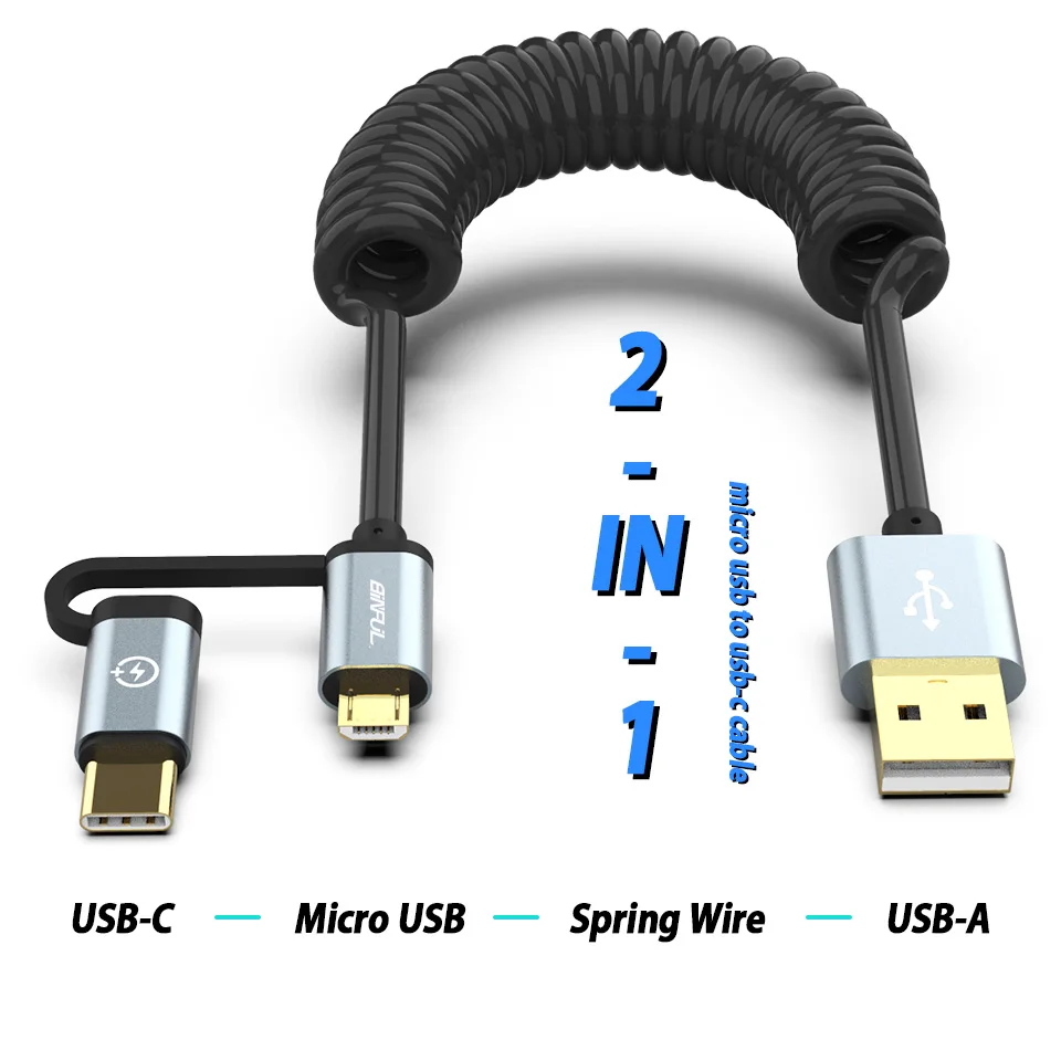 USB кабель для передачи данных 2 в 1 портативный с пружиной Micro Тип C быстрая зарядка