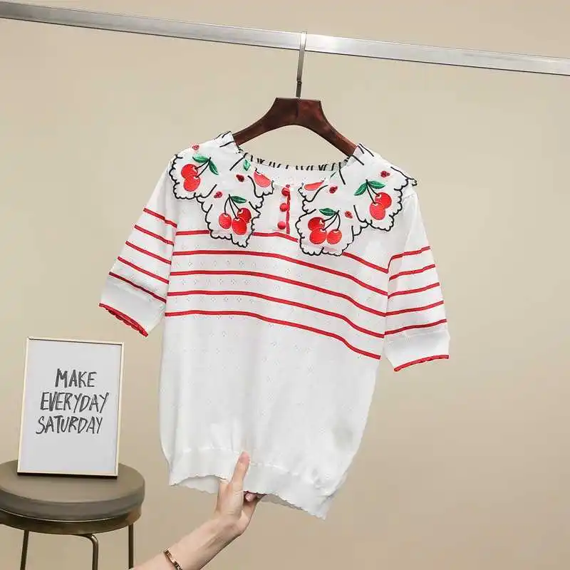 

embroidered Summer 2021 Cherry T shirts Fashion women's sweet Tees Chic peter pant collar knitting Tops Tee A320