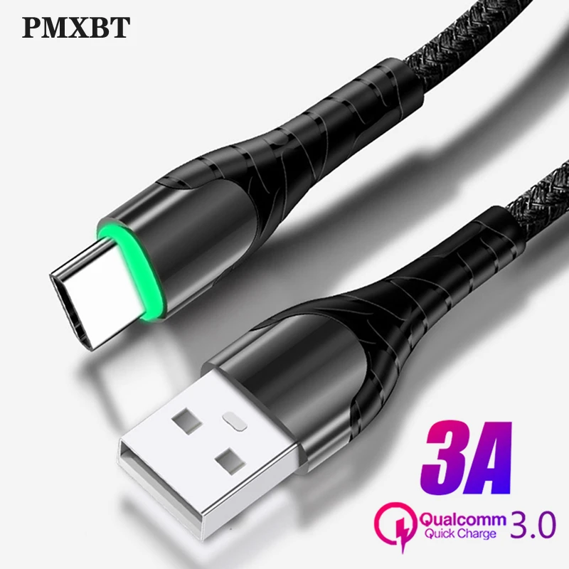 3,0 USB кабель, светодиодный, с нейлоновой оплеткой, 3 А, быстрая зарядка для iPhone 11, samsung, huawei, мобильного телефона, Micro usb type C, 1 м, провод для быстрой зарядки