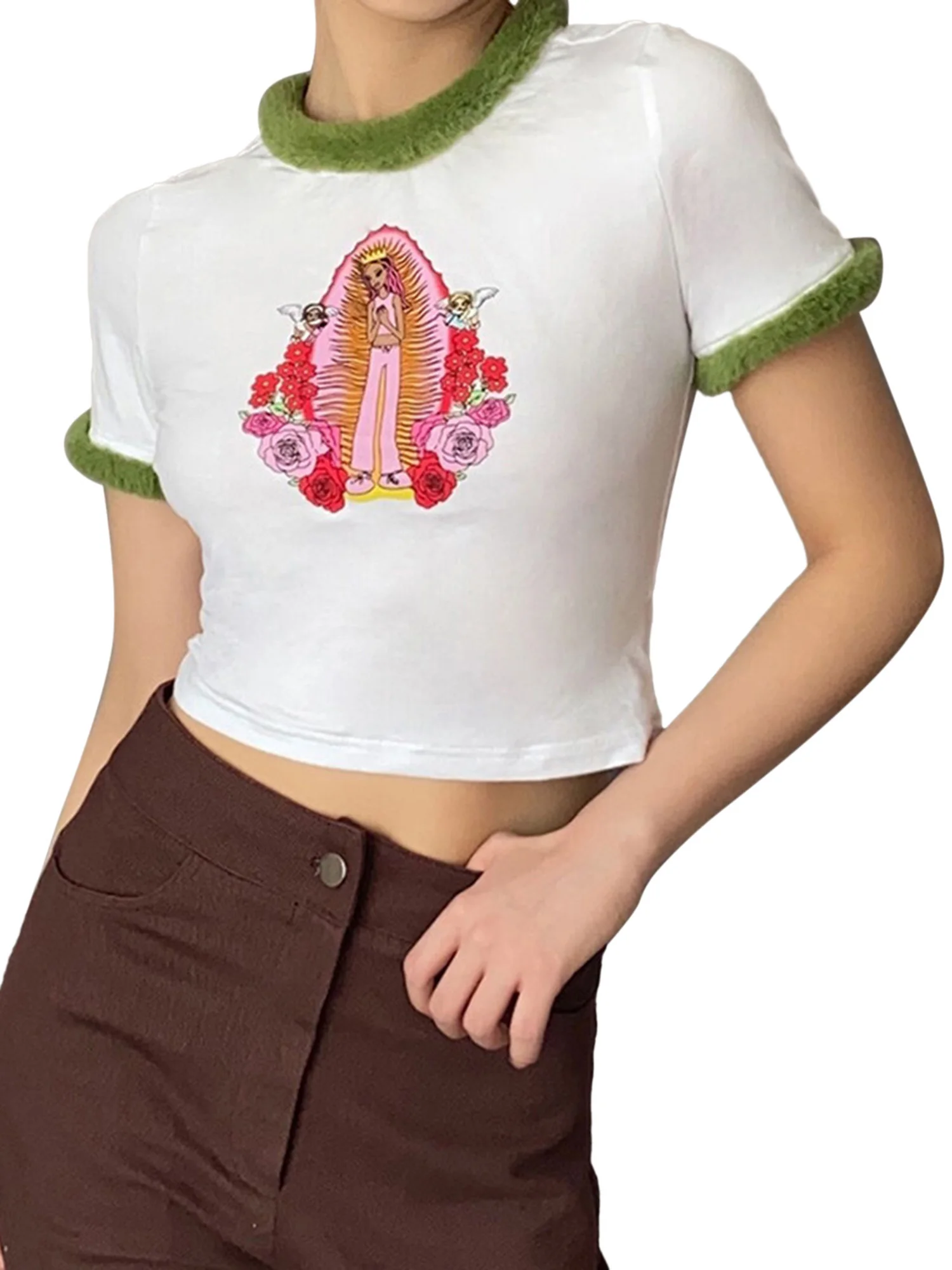 

Женская модная футболка с коротким рукавом и принтом, стильный кроп-топ для покупок, повседневная одежда