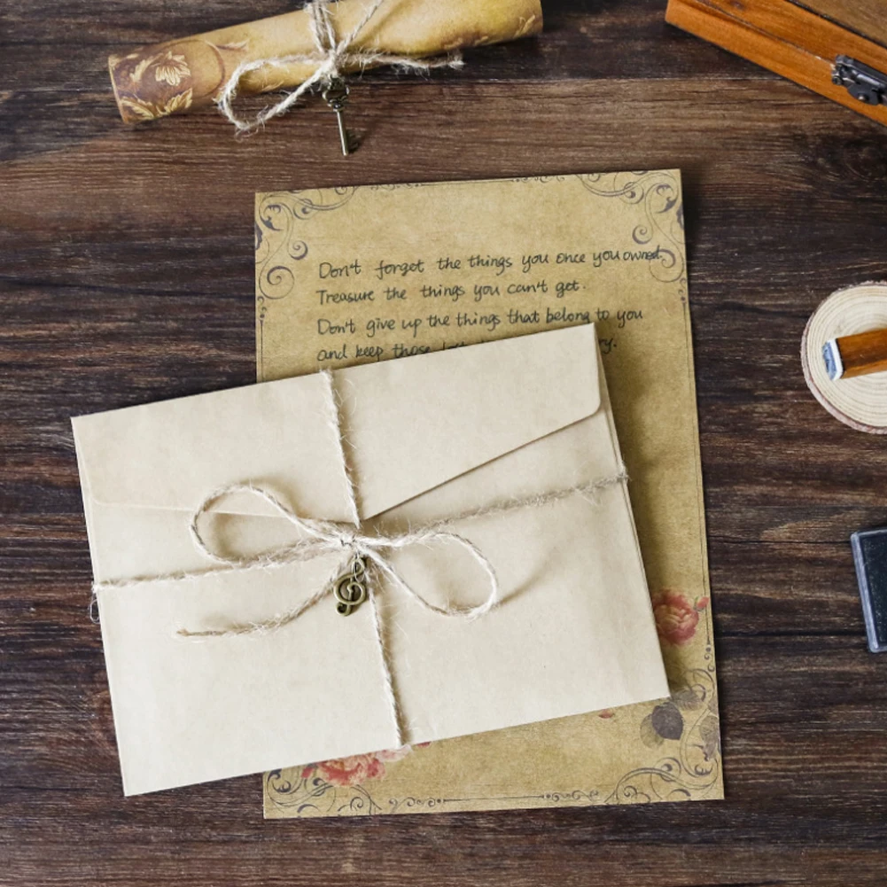 

Retro Vintage Craft Envelope Letter Pad Set with Rope Accessories Valentine's Day Love Letter Invitation Envelopes Writing Paper