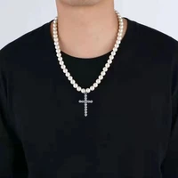 vintage pearl cross necklace for men crystal cross rhinestone pendant simply pearl beads chokers mens necklaces fashion jewelry