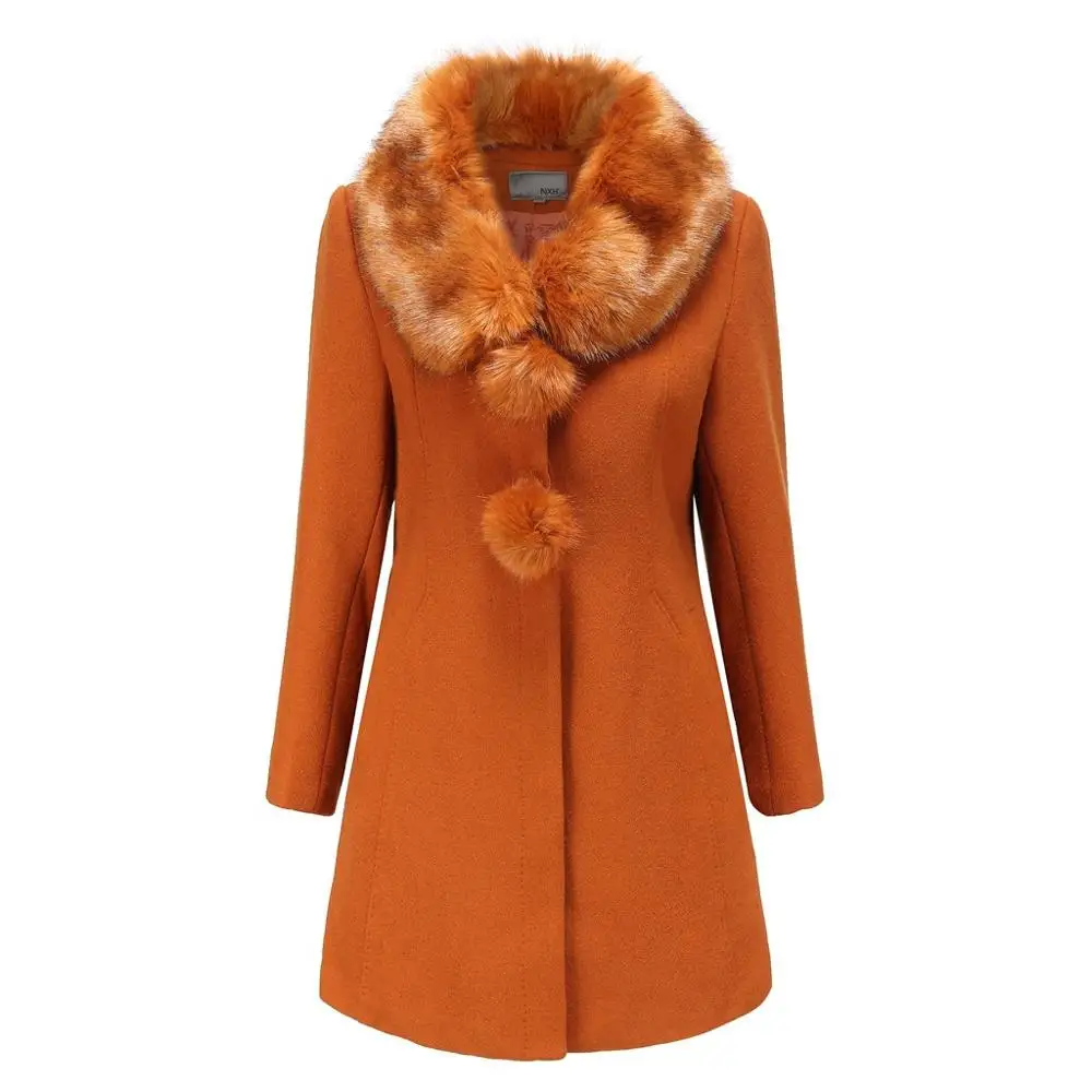 

Fashion Winter Elegant Jacket Women's Fur Collar Button Long Wool Coat Solid Color Slim Female Woolen Jacket Plus Size