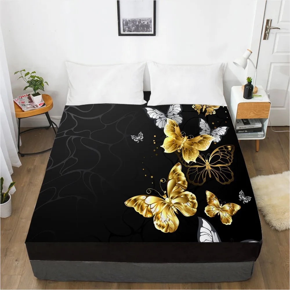 3D HD цифровая печать на заказ простыня с эластичной, простыня королева король Черное золото бабочка постельные принадлежности Матрас крышка
