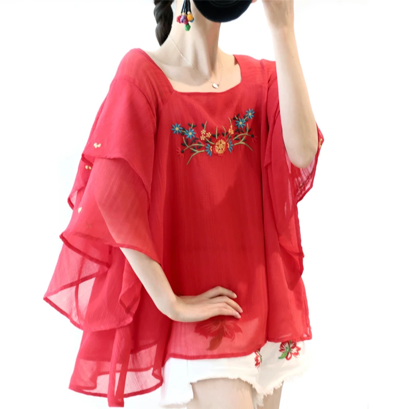 Summer Korean Sweet Kawaii Cute Red Chiffon Shirts Casual Oversize Loose Embroidery Blouses Women Clothes