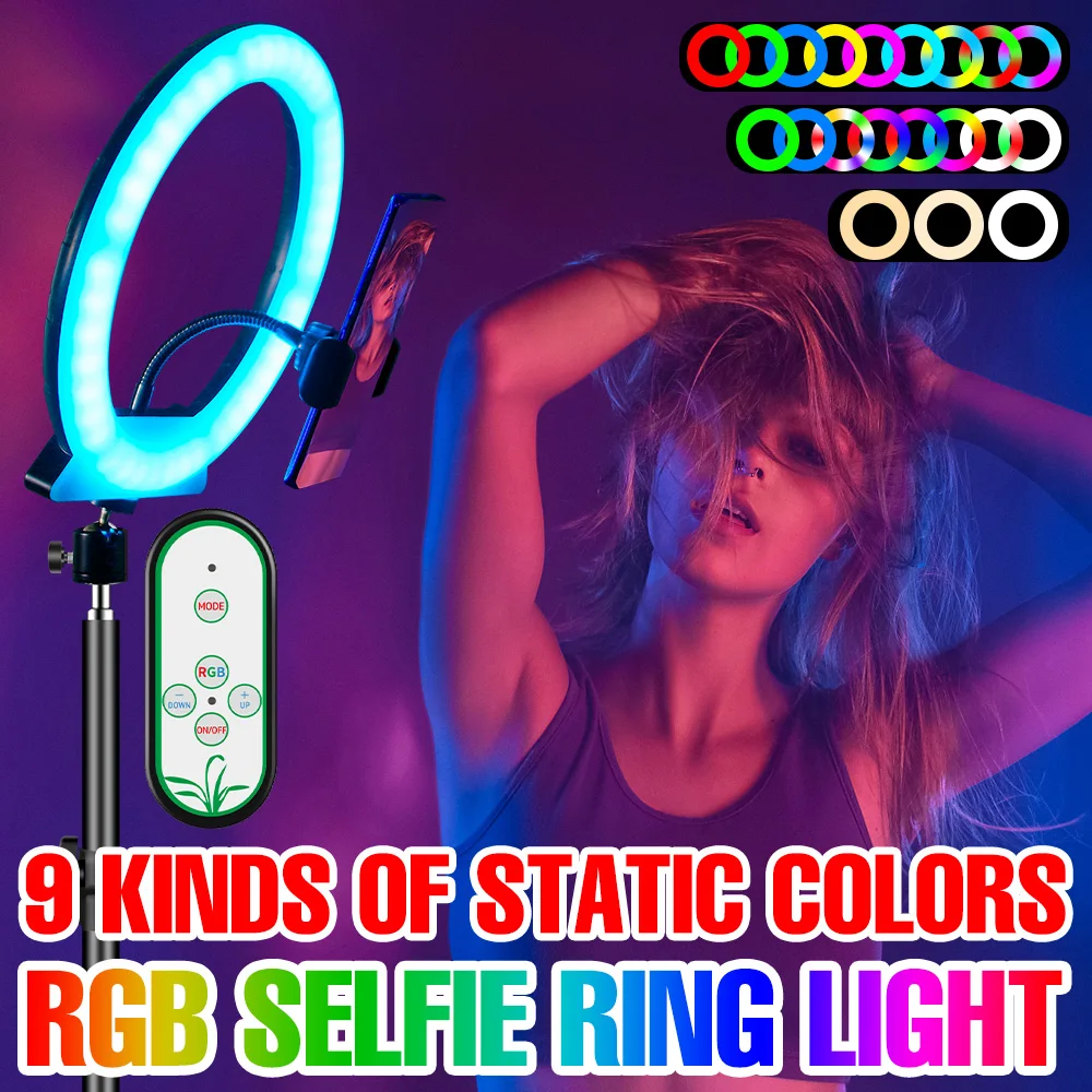 

RGB Makeup Video Light USB Selfie Ring Light Dimmable LED Ring Lamp with Stand Tripod Live Video Streaming Camera Fill Light 5V