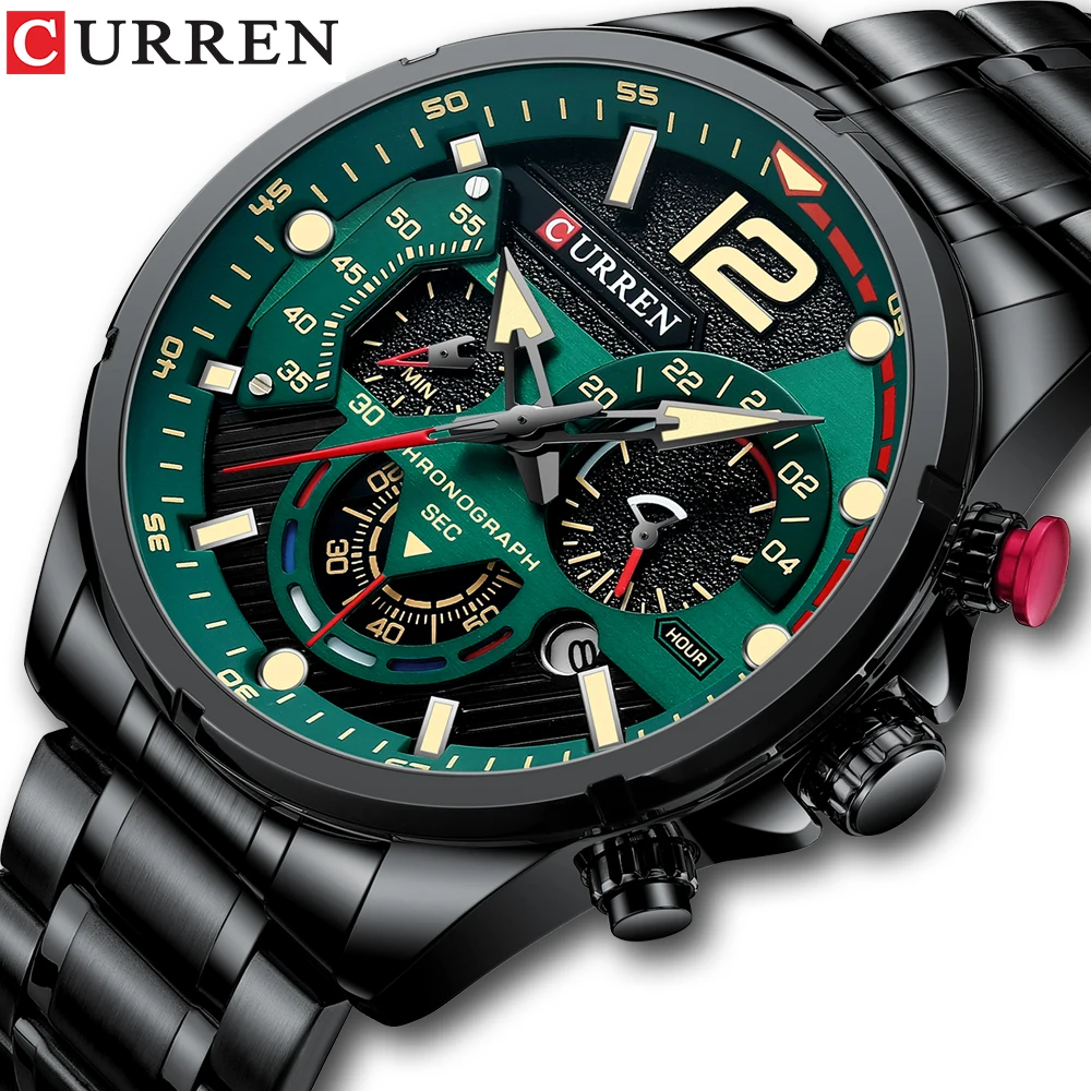 CURREN New Green Mens Watches Top Brand Luxury Stainless Steel Quartz Watch Men Sport Date Male Clock Waterproof Wristwatch