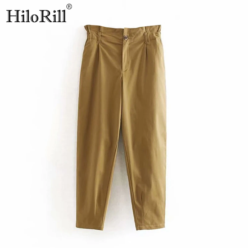 

HiloRill Women Khaki Cotton Paperbag Pants Streetwear Pockets Pleated Waist Trousers 2021 Ladies Casual Long Pants Pantalon