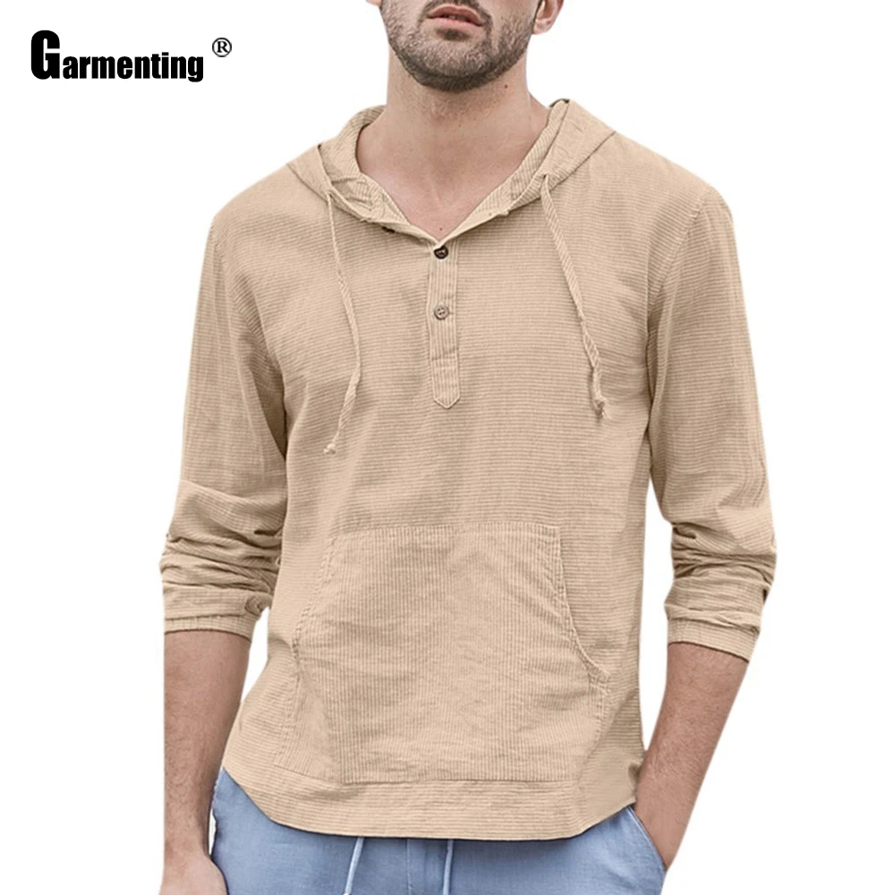 

Long Sleeve Mens Hooded Top clothing Leisure Basic Shirt Khaki Blouse 2021 New Spring Autumn Casual Pullovers Man Lace-up Shirt
