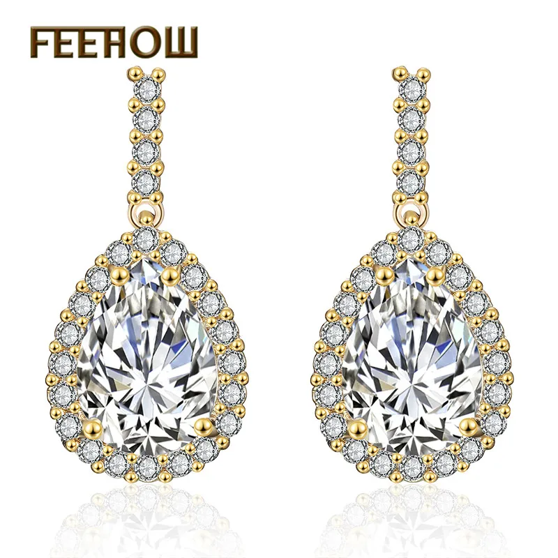 FEEHOW Luxury AAA+ Cubic Zirconia Classic Big Water Drop Crystal Earrings With Tiny CZ Bridal Wedding Jewelry for Women FWEP2104 | Украшения