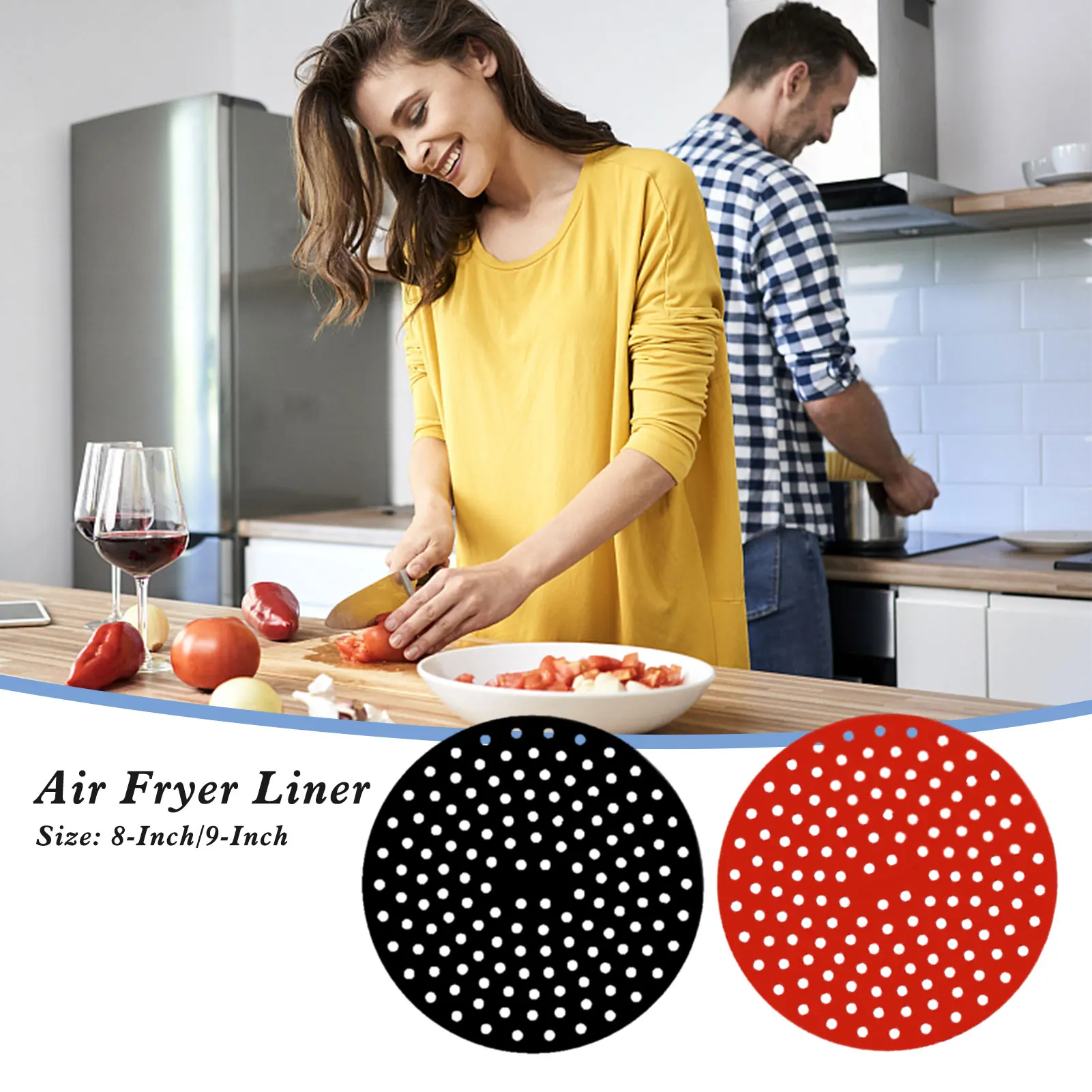 

8/9 Inch Reusable Air Fryer Liner BPA-free Anti-slip Round Fryer Non-Stick Silicone Mat Prevent Food From Sticking Red/Black