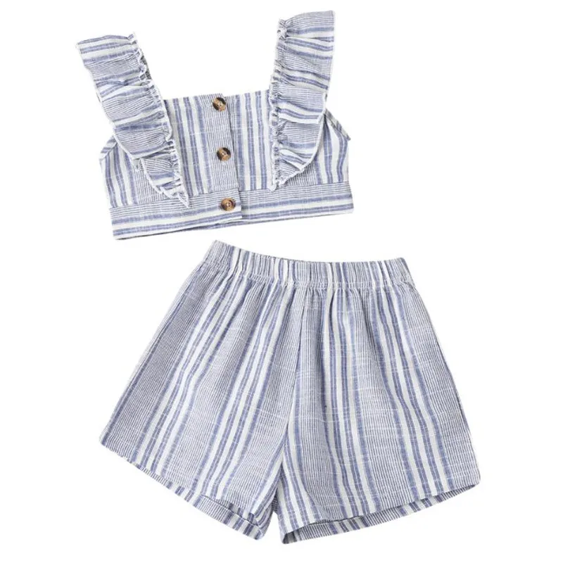 

Одежда для маленьких девочек, комплект из 2 предметов, летняя одежда без рукавов с оборками и низким вырезом на ремешок на пуговицах топы и ш...