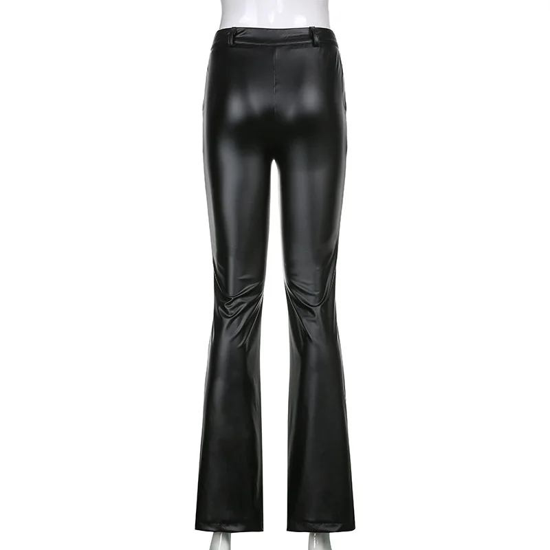 

HAOOHU 2020 winter women's leather pants loose fashion tends casual elegant solid mid waist slim eye catching full Flare Pants