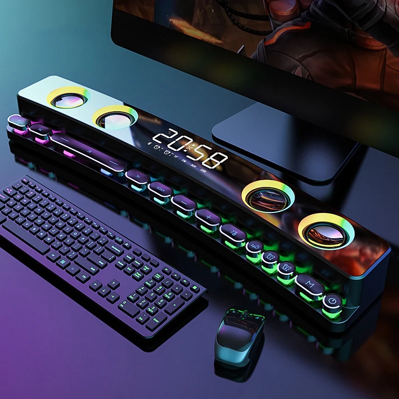 

HOT-Portable Wireless Game Soundbar USB 3D Stereo Bass Subwoofer AUX FM Home Digital Alarm Clock with Bluetooth Speaker